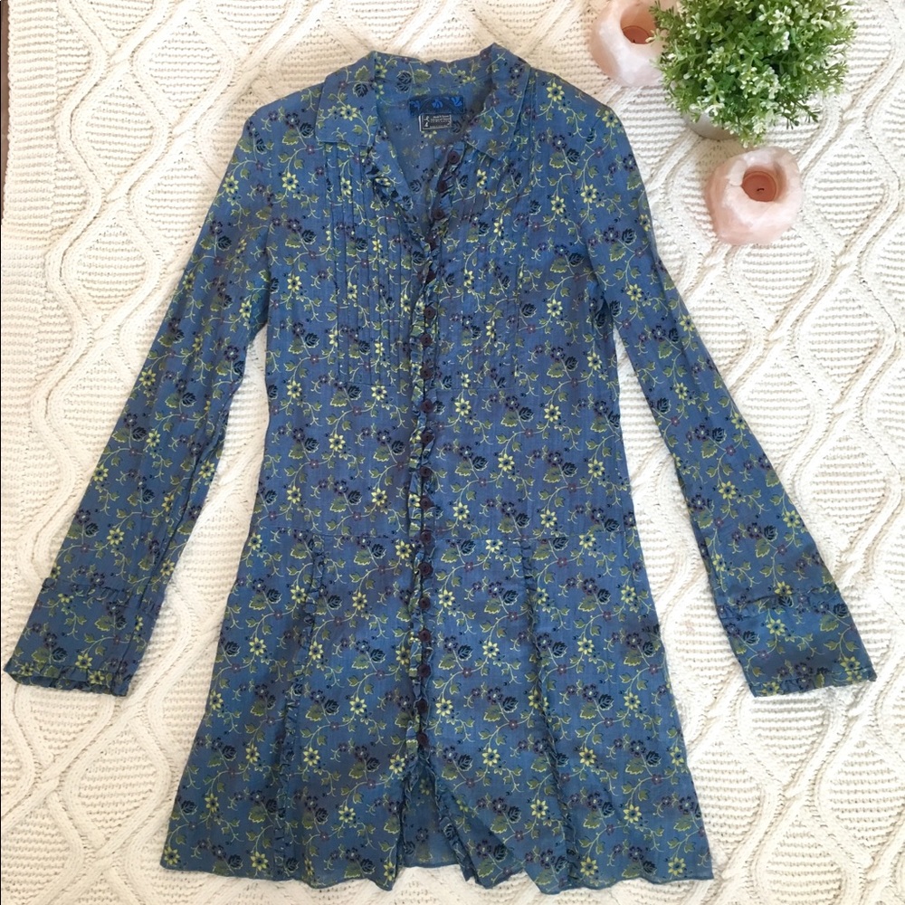 Free People Blue Green Floral Button Dress
